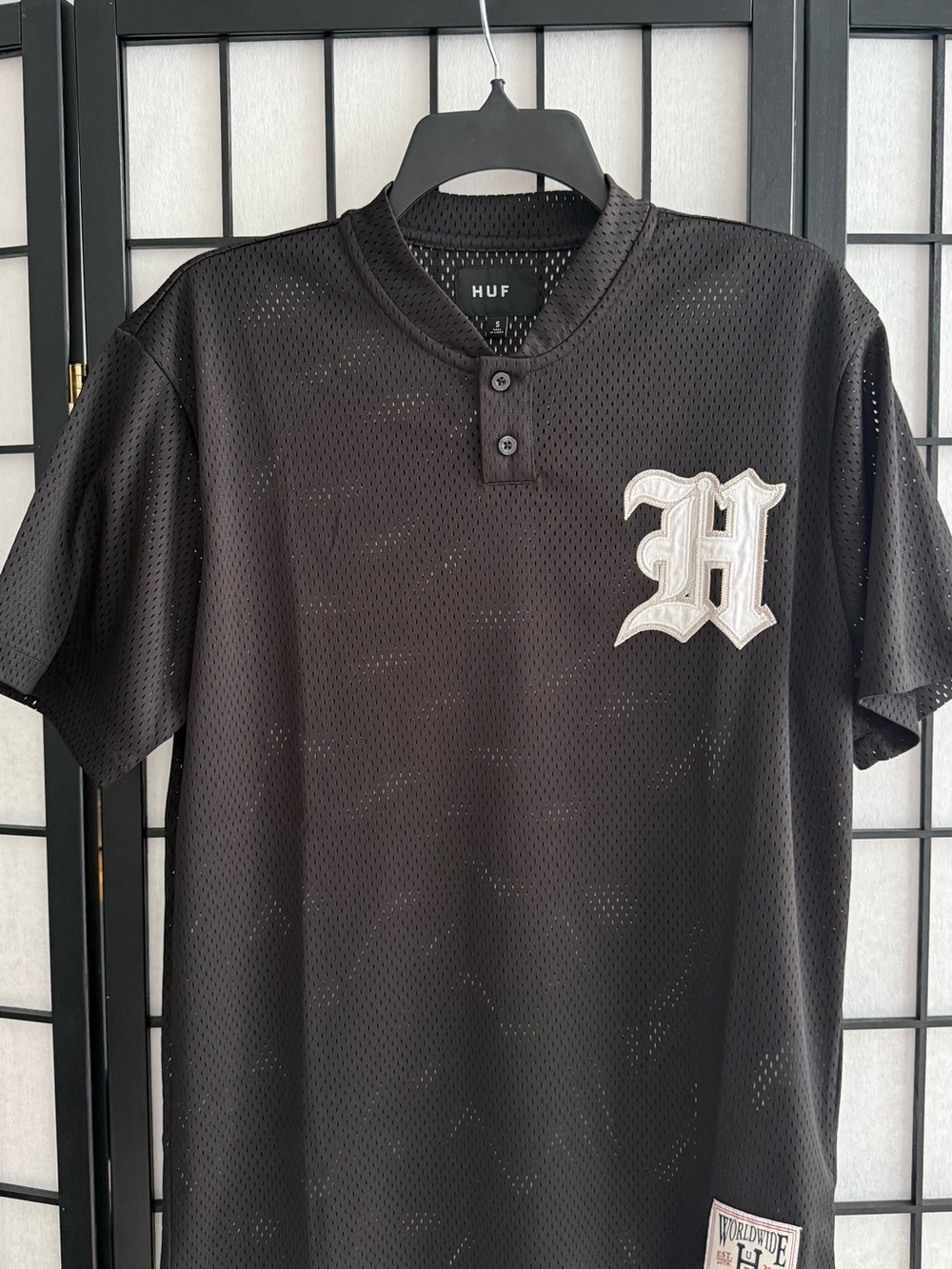HUF Black Mesh Henley with White Embroidered 'H' Patch